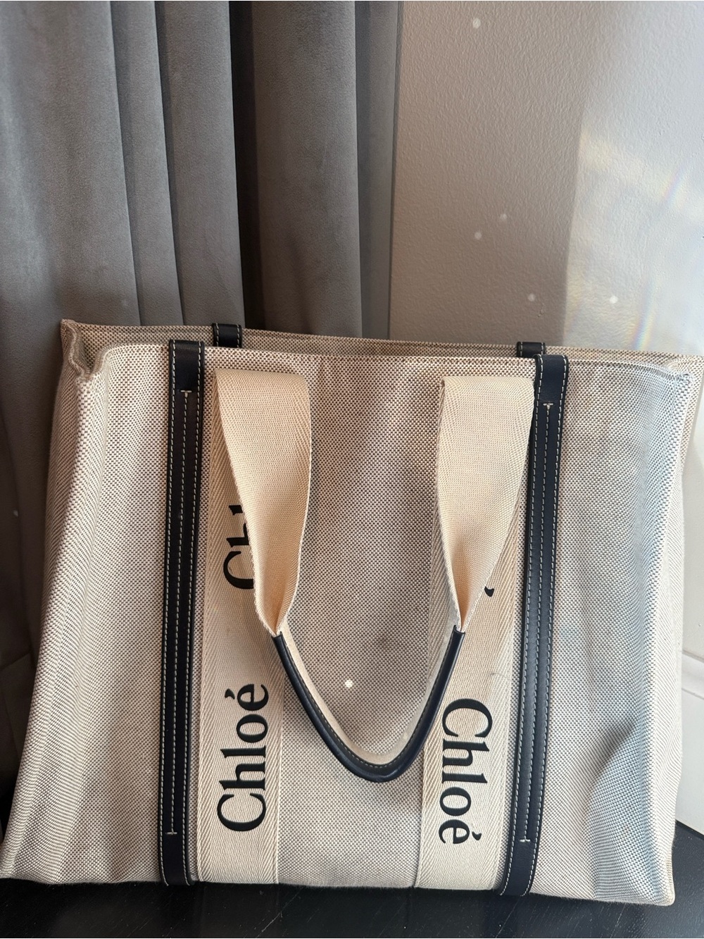 Chloé Beige Canvas Tote with Black Leather Logo Patch - Picture 2 of 5